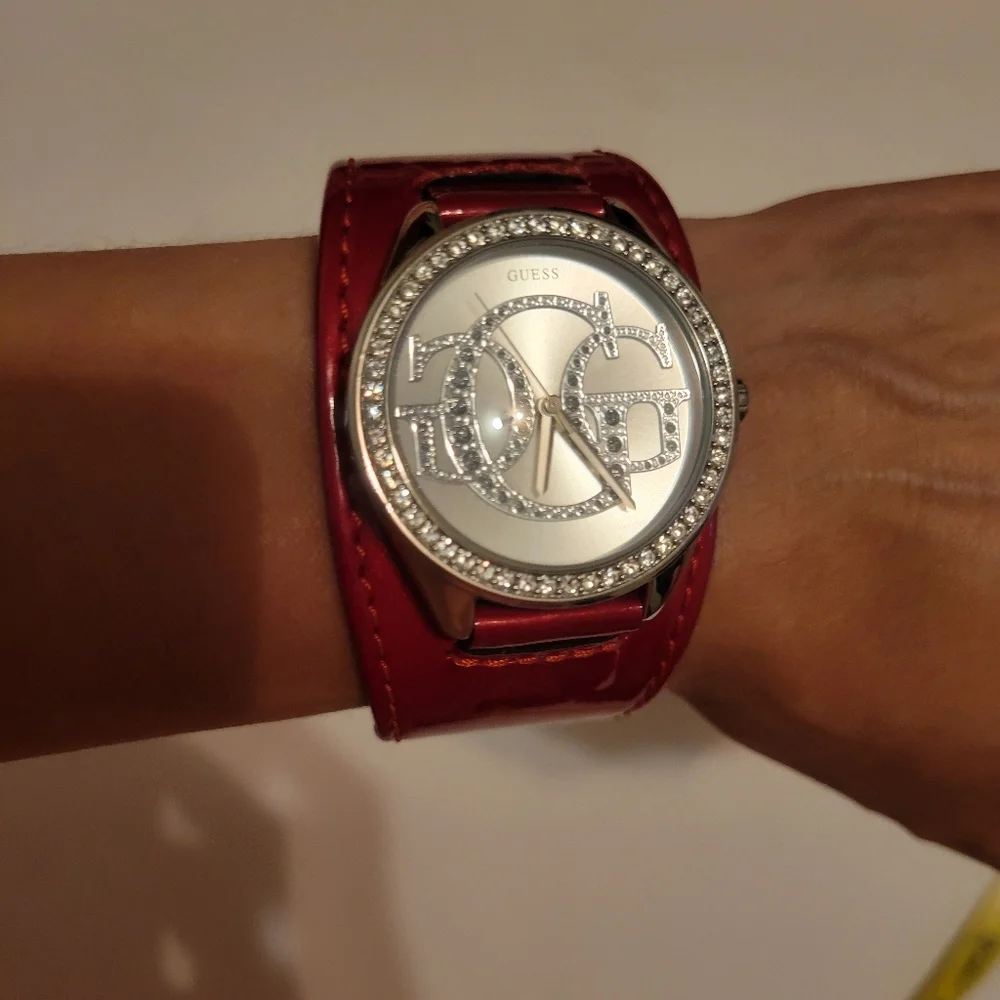 Guess Cuff Red‎ Watch with Crystal Details EUC Bold Maximalist